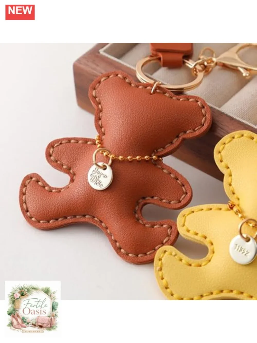 Hand-Sewn Faux Leather PU Bear Keychain Charm Purse Bag Accessory Car